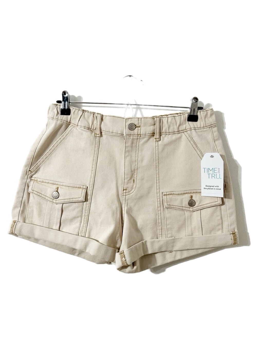 NWT Time and Tru Utility Cargo Denim Shorts Cream Beige Size 8 Elastic Waist